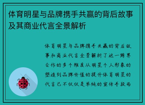 体育明星与品牌携手共赢的背后故事及其商业代言全景解析