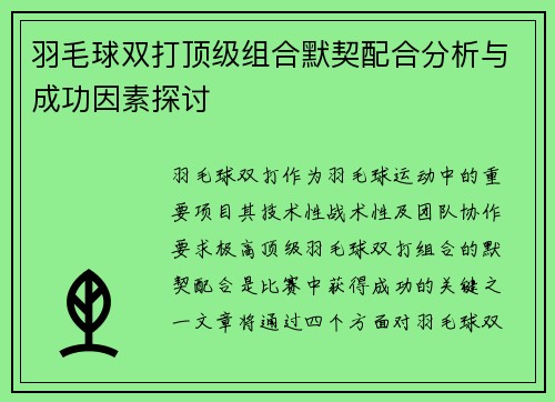 羽毛球双打顶级组合默契配合分析与成功因素探讨